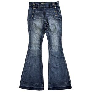 EXPRESS Bell Flare Mid Rise Blue Jeans Size 4 Nautical Button Stretch Denim